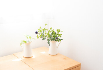 明るい窓辺の木製デスクと観葉植物　背景　余白　コピースペース　白背景　シンプルナチュラル