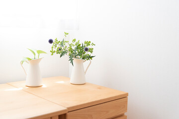夏　明るい窓辺の木製デスクと観葉植物　白背景　壁　部屋　室内　明るい　爽やか　ライフスタイル　余白　コピースペース　文字スペース