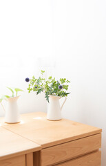 明るい窓辺の木製デスクと観葉植物　夏