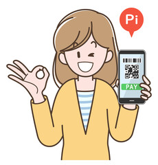 スマホ決済の説明をする若い女性のイラスト