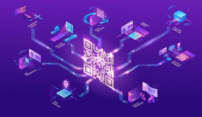 QR code scan isometric infographics with phone making payment, smartphone log in to account, generates url of website, online pay concept, 3d vector illustration of mobile application - 367758595