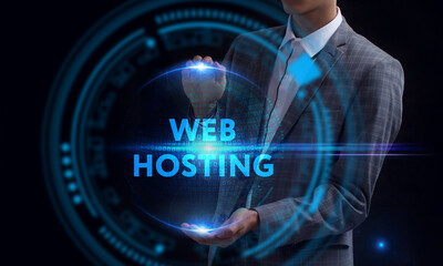 Business, Technology, Internet and network concept. Young businessman working on a virtual screen of the future and sees the inscription: Web hosting