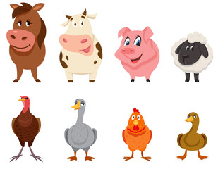 Set of farm animals front view. Female characters in cartoon style.