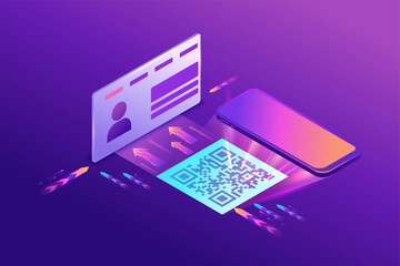 Register on the website by using qr code, user enters the web page working with interface, access to account, 3d isometric vector illustration, purple gradient