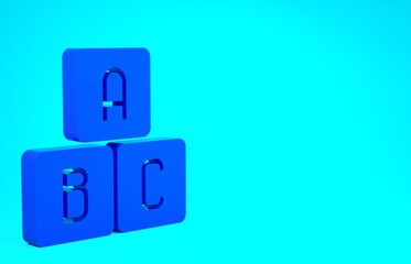 Blue ABC blocks icon isolated on blue background. Alphabet cubes with letters A,B,C. Minimalism concept. 3d illustration 3D render.