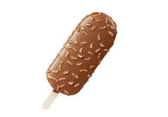 Brown chocolate popsicle ice cream covered with nuts on a white background. Isolated. Refreshing summer sweet. Realistic 3D Illustration