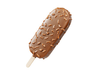 Brown chocolate popsicle ice cream covered with nuts on a white background. Isolated. Refreshing summer sweet. Realistic 3D Illustration