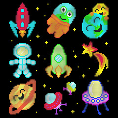 Pixel cartoon space set, vector illustration