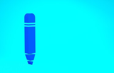 Blue Pencil with eraser icon isolated on blue background. Drawing and educational tools. School office symbol. Minimalism concept. 3d illustration 3D render.