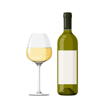 Wineglass with white wine vector illustration. Realistic glass with bottle.