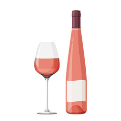 Wineglass with rose wine vector illustration. Realistic glass with bottle.