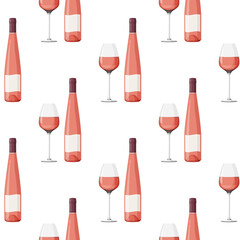 Elongated glass bottle and glass of rose wine background. Seamless pattern with alcohol drink.