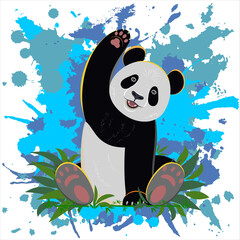 Panda on a background of blue spots in a watercolor style.