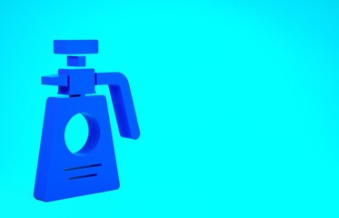 Blue Garden sprayer for water, fertilizer, chemicals icon isolated on blue background. Minimalism concept. 3d illustration 3D render.