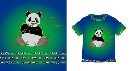 Children's t-shirt design with pandas and ornaments