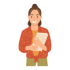 Girl student, schoolgirl. Back to school.Brown hair.Vector hand drawn cartoon flat illustrations.