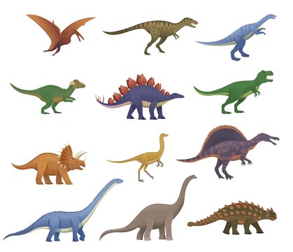 Big set of cartoon dinosaurs. Pterodactylus, ankylosaurus, stegosaurus, pachycephalosaurus, spinosaurus, tyrannosaurus, tarbosaurus, triceratops, gallimimus, amphicoelias, diplodocus, plateosaurus