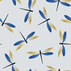 Dragonfly cartoon seamless pattern. Summer clothes textile print with flying adder insects. Graphic 