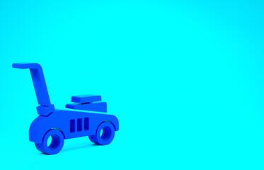 Blue Lawn mower icon isolated on blue background. Lawn mower cutting grass. Minimalism concept. 3d illustration 3D render.