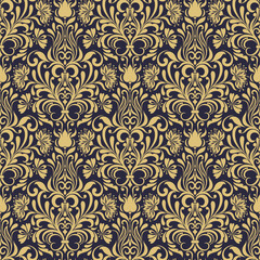 Seamless background baroque style brown and gold color. Vintage Pattern. Retro Victorian. Ornament in Damascus style. Elements of flowers, leaves. Vector illustration.