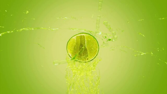 3D Rendering Splash Fresh Lime Lemon Juice. Explosion Lime Lemon juice liquid with Lemon fruit on fresh green background. 3D Render.