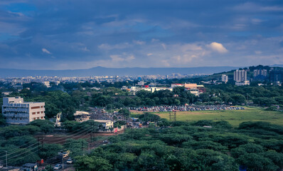 Pune aerial landscape view with green skyline city, Maharashtra, India
