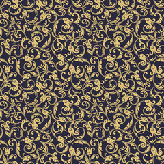 Seamless background baroque style brown and gold color. Vintage Pattern. Retro Victorian. Ornament in Damascus style. Elements of flowers, leaves. Vector illustration. - 367762328