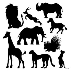 African animals silhouette, isolated on white background. South wildlife collection.