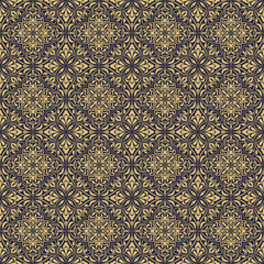 Seamless background baroque style brown and gold color. Vintage Pattern. Retro Victorian. Ornament in Damascus style. Elements of flowers, leaves. Vector illustration. - 367762911