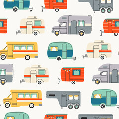 Colorful Campers RV. Various road home Trailers. Recreational vehicle. Camping caravan cars. Holiday trip concept. Mobile home for country and nature vacation. Vector Seamless pattern