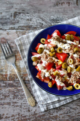 Salad with tuna, olives and tartar sauce. Healthly food. Fitness salad.