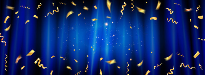 Blue curtain with gold confetti and shooting stars