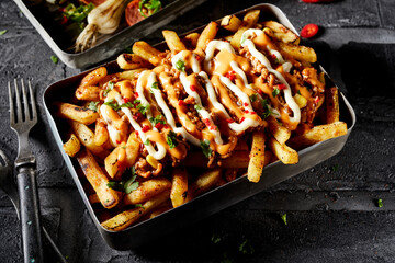 Spicy fried potato chips with savory beef