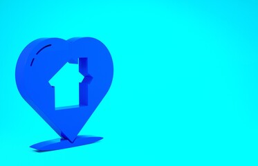 Blue House with heart shape icon isolated on blue background. Love home symbol. Family, real estate and realty. Minimalism concept. 3d illustration 3D render.