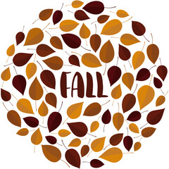 Fototapeta na wymiar Fall hand drawn text surrounded with autumn leaves arranged into wreath. Postcard concept