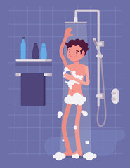 Man taking a relaxing shower and soaping with foam. Guy standing in a bathroom, enjoy having morning personal hygiene routine and healthy pleasure spa procedure. Vector flat style cartoon illustration