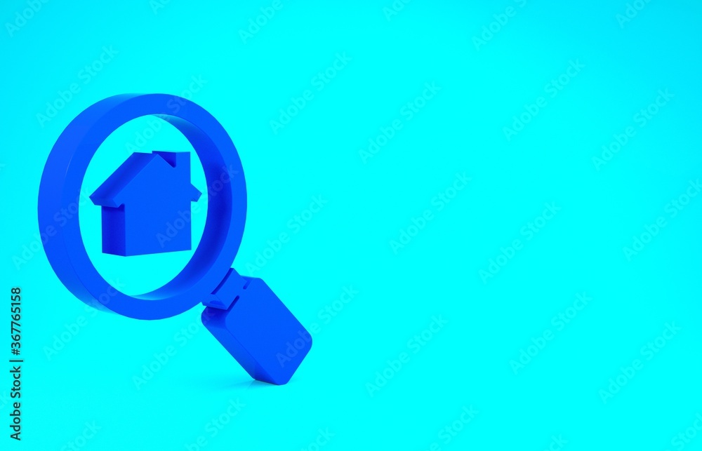 Sticker Blue Search house icon isolated on blue background. Real estate symbol of a house under magnifying glass. Minimalism concept. 3d illustration 3D render.