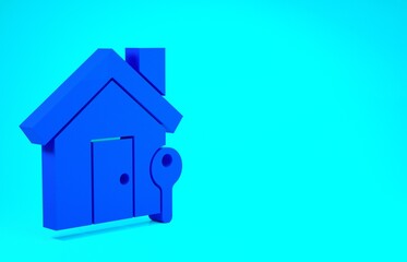 Blue House with key icon isolated on blue background. The concept of the house turnkey. Minimalism concept. 3d illustration 3D render.