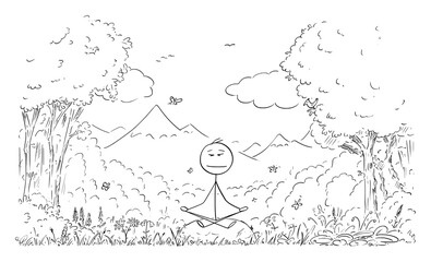 Vector cartoon stick figure drawing conceptual illustration of man meditating surrounded by nature, trees, flowers, plants, birds and butterflies.