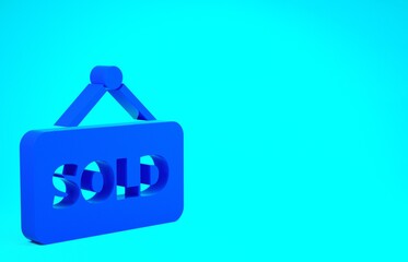 Blue Hanging sign with text Sold icon isolated on blue background. Sold sticker. Sold signboard. Minimalism concept. 3d illustration 3D render.