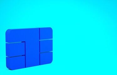 Blue Credit card with chip icon isolated on blue background. Contactless payment. Minimalism concept. 3d illustration 3D render.