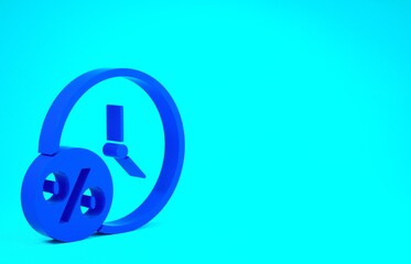 Blue Clock and percent icon isolated on blue background. Minimalism concept. 3d illustration 3D render.