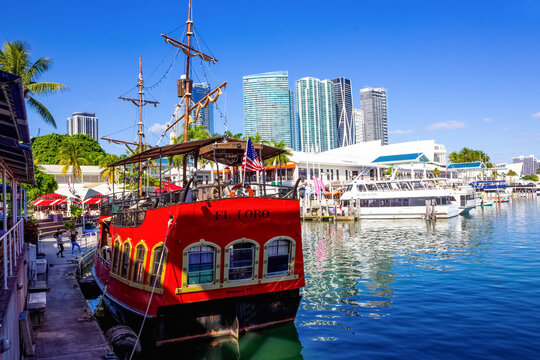 Miami, USA - November 30, 2019: People at Miami Marina and Bayside Marketplace.