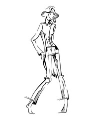 Fototapeta na wymiar Hand drawn fashion young woman on white isolated background. Girl model one line drawing art sketch. Lady in female tailcoat, suit. Beauty outline figure. Continuous style. Vector stock illustration.