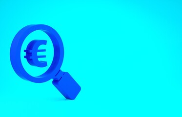 Blue Magnifying glass and euro symbol icon isolated on blue background. Find money. Looking for money. Minimalism concept. 3d illustration 3D render.