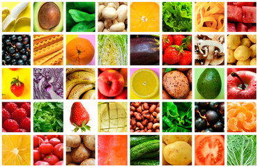 Natural food collage. Background of fruits, vegetables and berries. Fresh food.