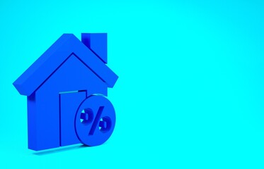 Blue House with percant discount tag icon isolated on blue background. House percentage sign price. Real estate home. Minimalism concept. 3d illustration 3D render.