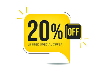 20% off limited special offer. Banner with twenty percent discount on a yellow square balloon.