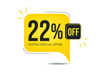 22% off limited special offer. Banner with twenty-two percent discount on a yellow square balloon.