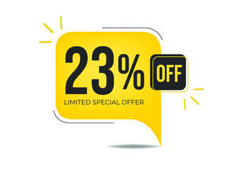 23% off limited special offer. Banner with twenty-three percent discount on a yellow square balloon.